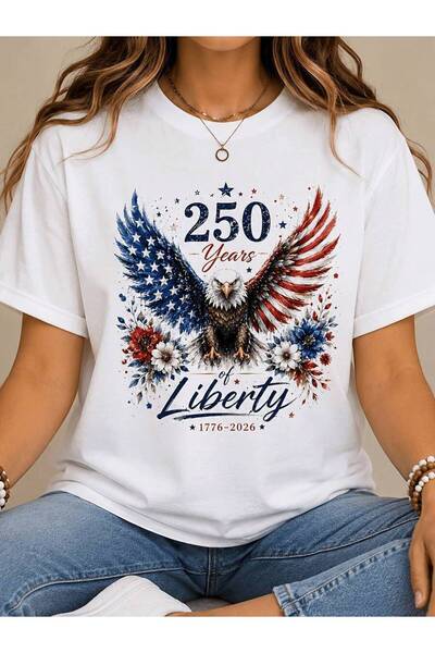 25W تي شيرت نسائي مقاس كبير بطبعة "250 سنة من الحرية" مناسب ليوم الاستقلال 17...