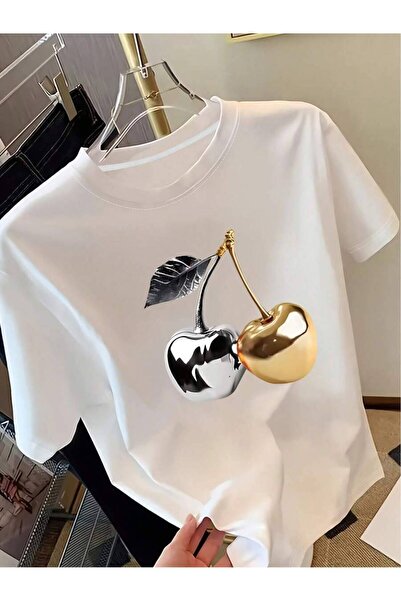 26LIK Cherry Pattern Printed Women's Short Sleeve T-Shirt, Fashionable Casual...