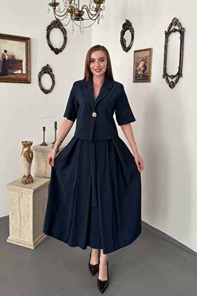 Generic Brand Navy Blue Single Button Short Jacket and Skirt Set