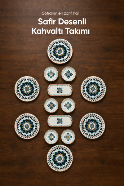 Vienev Safir Desenli 14 Parça 6 Kişilik Seramik Kahvaltı Takımı Servis Sunum Tabaklı Dekoratif Sofra Seti