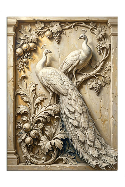Artmeg Pânză decorativă cu păuni albi în relief - Tablou din lemn MDF