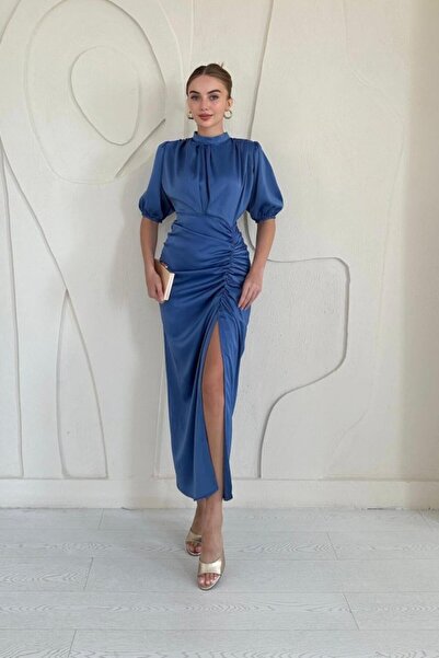 Generic Brand Indigo Gathered Satin Dress
