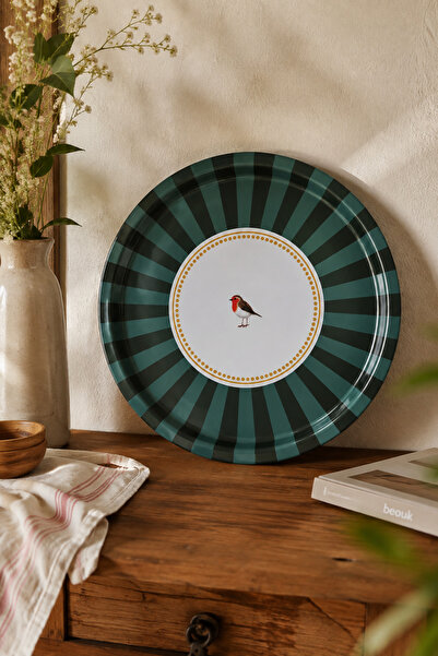 Homeconceptus Dekoratif Metal Tepsi – Çizgili Desenli Kuş Figürlü 35 cm