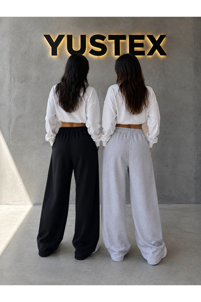 yx yustex sport 2-Piece Women's Wide-Leg Sweatpants (Black and Grey) Comfortable Fit with Pockets and Drawstring Waist