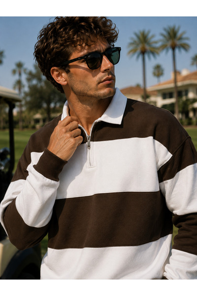 FAVORİST Segmented Color Half Zipper Polo Neck Sweatshirt with Fleece Inside ...