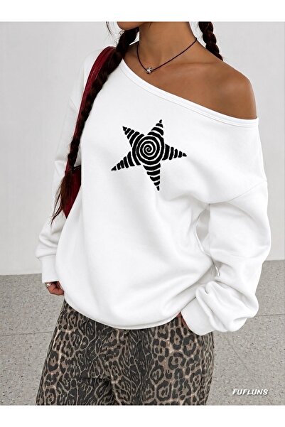 FUFLUNS Patterned Star Printed Oversize Women's Boat Neck Sweatshirt