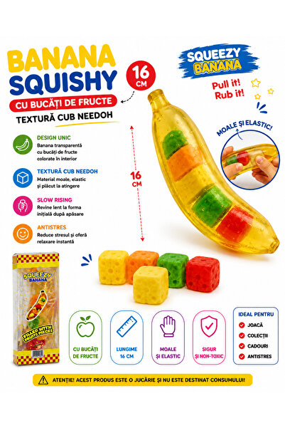 SHOP LIKE A PRO Banana Squishy cu Bucati de Fructe, Textura Cub Needoh, 16 cm...