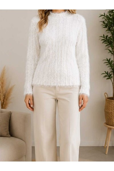 ZEYN STORE Women's Bearded Knitwear Sweater Crew Neck Long Sleeve Soft Plush Textured Casual Sweater