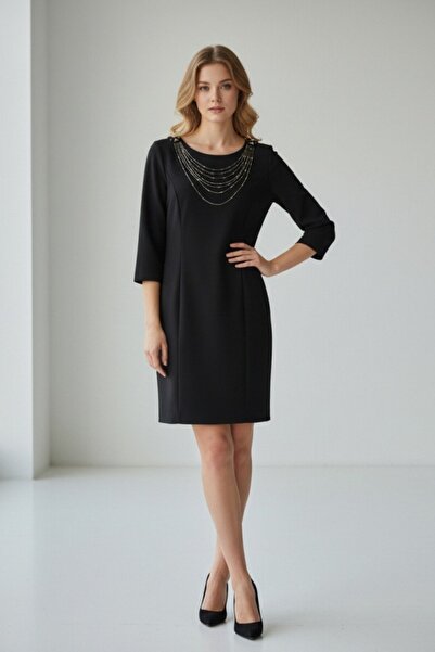 OEM Rochie elegantă de damă cu croială dreaptă, mâneci trei sferturi și o apl...