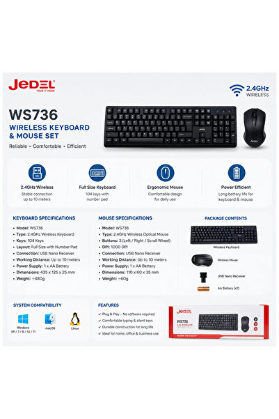 jedel Kablosuz Klavye Mouse Seti - 2.4GHz USB Nano Alıcı 10m Menzil (Piller Dahil) Kablosuz Klavye Mouse Set