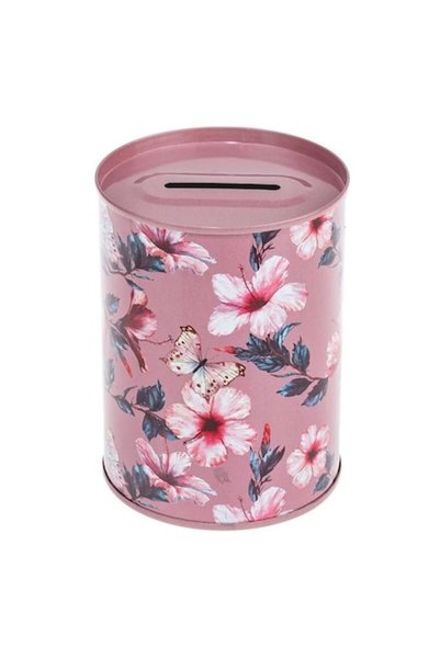 CATIANO Pușculiță metalică roz cu flori Ø7.5x10.5cm