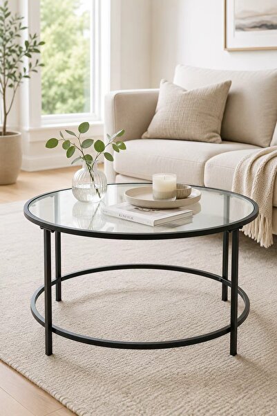 Sinyin Round Tempered Glass Coffee Table, Black Metal Frame Modern Living Roo...