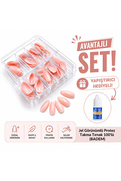 BİYUTREND 100 Adet Pembe Jel Görünümlü Protez Etkili Badem Takma Tırnak Seti ...