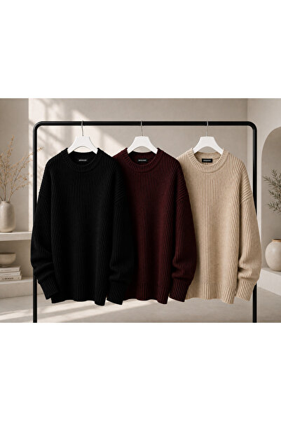 DepoExport Women's 3-Piece Crew Neck Oversize Knitwear Sweater Soft Knitted S...