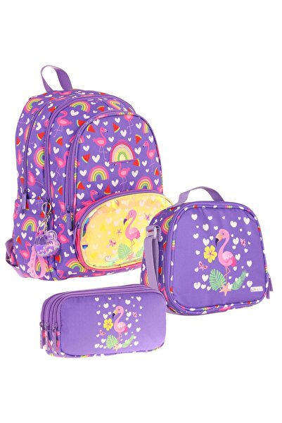 KAUKKO Purple Pink Flamingo Patterned Girls' Primary School Triple School Bag...