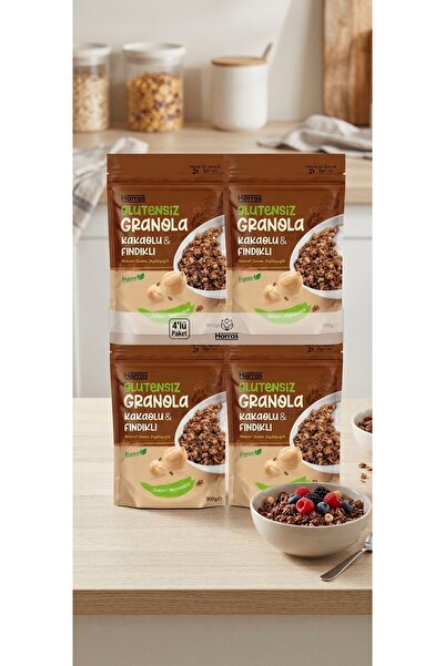 Harras Glutensiz Kakaolu Fındıklı Granola 300 g x 4 Adet - Yüksek Lifli Doğal...