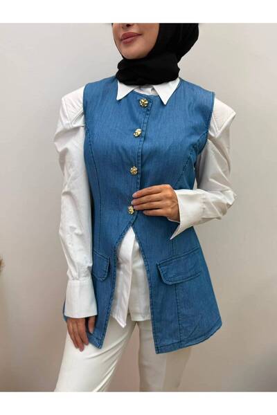 jooq Women's Blue V-Neck Gold Buttoned Pocketed Sleeveless Denim Vest