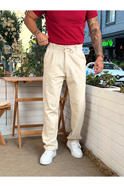manch collection Single Pleated Linen Trousers with Drawstring Waist