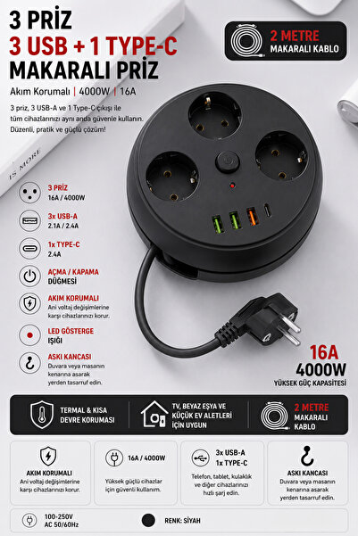 SMAYLİNG Akım Korumalı Makaralı Priz 3 Priz 3 USB-A 1 Type-C 2 Metre Kablo 4000W 16A Açma Kapama Düğmeli Siyah