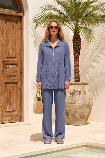 Lale Butik Top Zippered Button Accessory Pants Suit 26199 Indigo