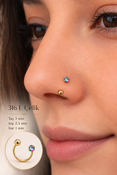 moonzy - minimalist & cozy 316L Çelik Hologram Taşlı Yarım Halka Piercing Bur...