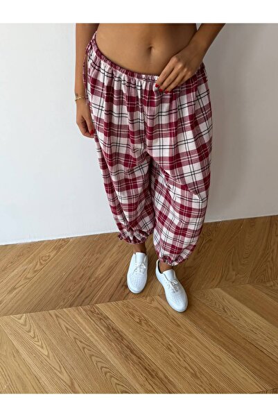 NEW JOURNAL Women's Burgundy Lace-Up Plaid Patterned Premium Shalwar Trousers...