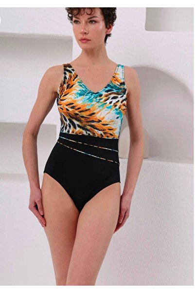 Maser Orange and Blue Patterned V-Neck Women's Swimsuit with Piping Detail