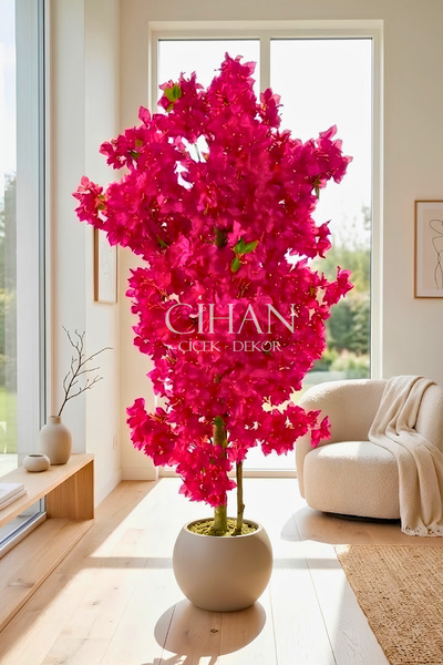 Cihan Çiçekçilik Fuşya Begonvil Yapay Ağaç 180 cm –30x30 Mocha Plastik Küre S...