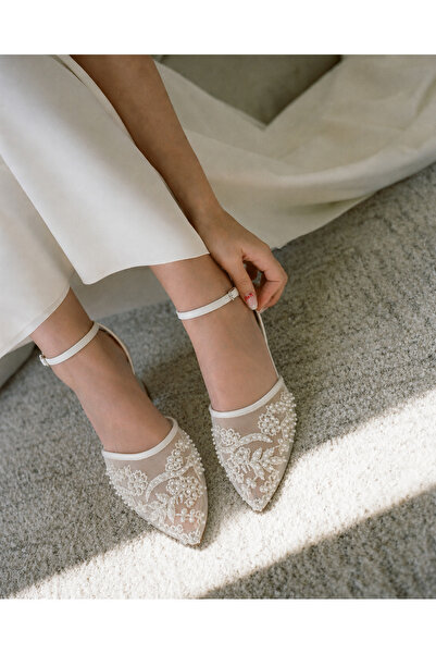 Almera's Shoes White Satin Mesh Ballerinas with Pearl Detail