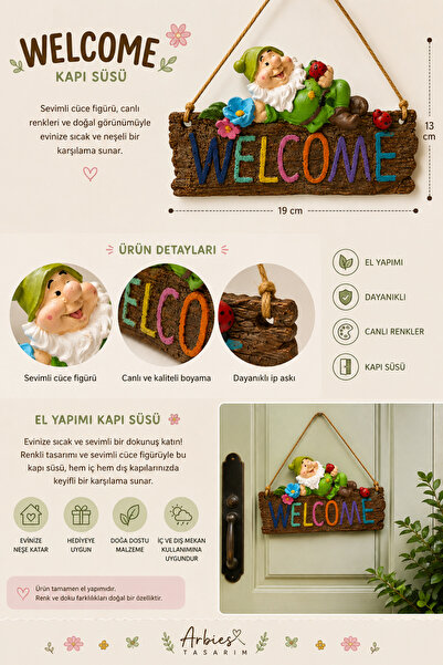 arbies beauty El Yapımı Taş Tozu Cüce Figürlü WELCOME Kapı Süsü – Dekoratif K...