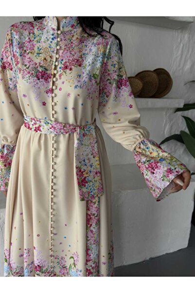 NEW JOURNAL Women's Beige Babel Fabric Mandarin Collar Belted Maxi Dress Jen2...