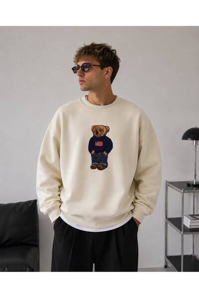 Mad&Calf Мъжка oversized блуза с дълъг ръкав и принт на плюшено мече