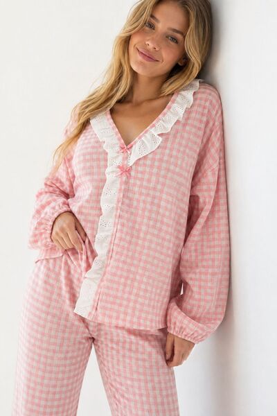 BELLA NOTTE Pink and White Gingham Ruffle Detailed Long Sleeve Pajama Set