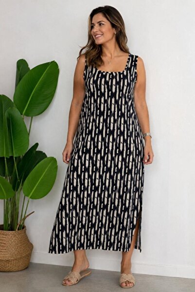 Seamoda Plus Size Square Neck Thick Strap Slit Detailed Midi Black and White ...