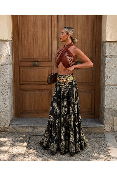 laviyonsa Silk Long Ethnic Patterned Retro Skirt with Embroidered Waistband S...