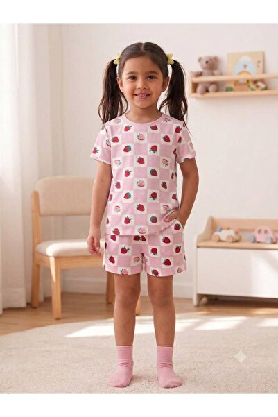 Pijaminik Kız Çocuk Meyve Desenli Şortlu Pijama Takımı %100 Pamuk Yazlık Kısa Kollu