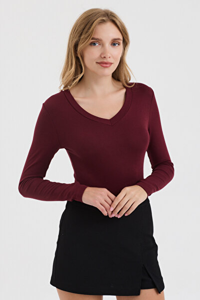 MODiSCHO Kadın Bordo V Yaka Slim Fit Parmak Geçmeli Ultra Soft Yumuşak Esnek ...