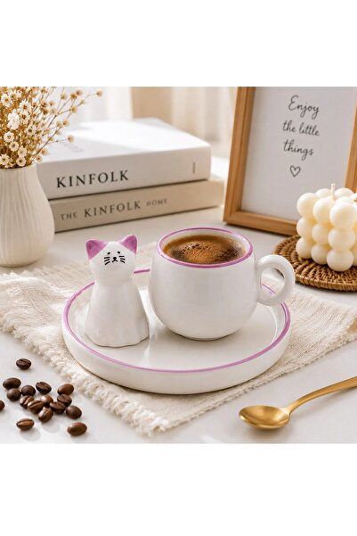 Hausette 1-Piece Minimal Cat Figured Lilac Ceramic Coffee Cup Set Stylish Mod...