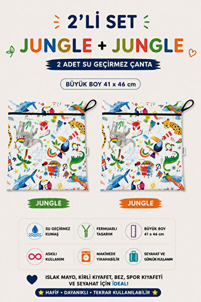 yorni Jungle 2 Adet Büyük Boy Su Geçirmez Çanta Islak Mayo Havlu Kirli Çamaşı...