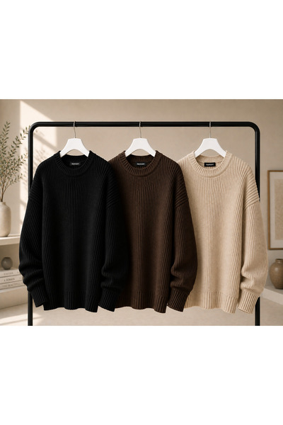 DepoExport Women's 3-Piece Crew Neck Oversize Knitwear Sweater Soft Knitted S...