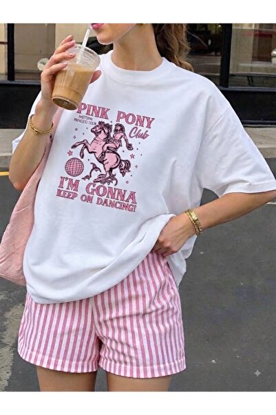 LELVANİ Women's Pink Pony I'M Gonna Keep on Dancing Visual Printed T-Shirt