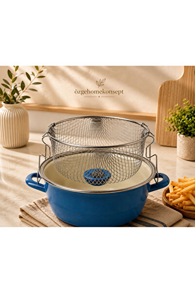 özgehomekonsept Enamel Frying Pan Stainless Wire Strainer Potato Frying Pan 2...