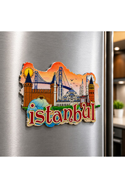 kt kuzey tacı Boğaz Köprüsü ve Tarihi Silüet Motifli Kırmızı Yazılı Metal Mag...