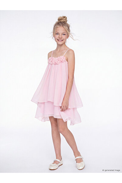 LC Waikiki Nevavm Girls' Chiffon Dress with Floral Detail and Drawstring Straps