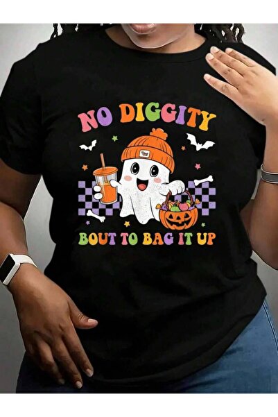 k222 Groovy No Diggity Bout To Bag It Up Cute Ghost Halloween Black Graphic T...