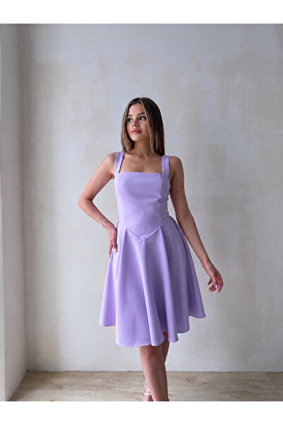 Klex Kare Yaka Belden Oturtmalı Mini Abiye Elbise 5091