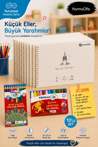 KarmaOfis Kurumsal Anaokul Picture Notebook 12-Piece Pastel and 12-Piece Dry ...