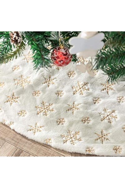 Generic Christmas Tree Skirt 90cm White Faux Fur Gold Snowflake Sequin Embroi...