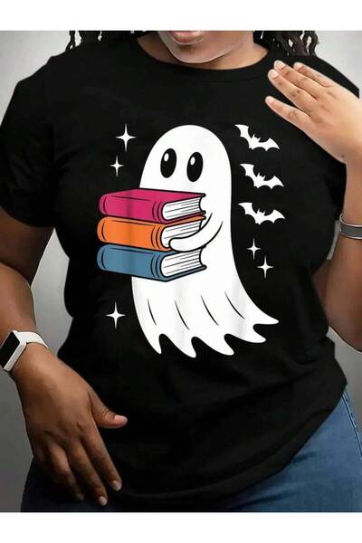 9JY Retro Shirt Spooky Ghost Reading Book Men Women Halloween Black Graphic T...