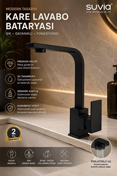 SUVİA Lavabo Bataryası Siyah Kare 360° Döner Borulu Banyo Musluğu Pirinç Gövd...
